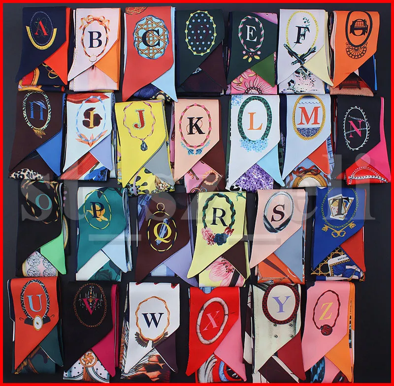 Multifunctioneel 26 letters afdrukken hoofdband sjaal dubbele print kleine stropdas handvat imitatie tas decoratie zijde sjaals lint haaraccessoires