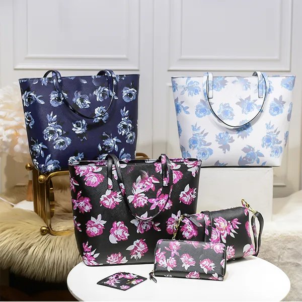 Otoño diseñador de moda girasol estilo a cuadros nuevo color Colthes Accessorie 3pc set floral print glitter bottom tote328A