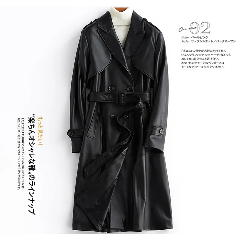 Lautaro Long black leather trench coat for women long sleeve belt epaulets 2020 women fashion Plus size leather overcoat 6xl 7xl