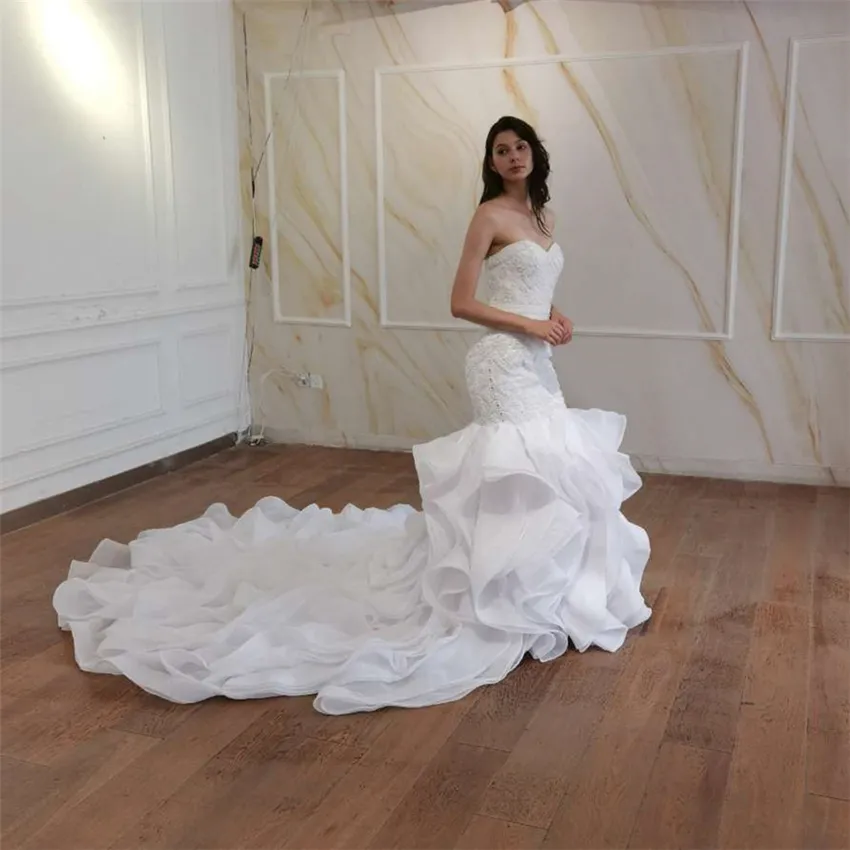 2020 robe de mariée sirène glamour chérie lourde perlée perle à volants volants chapelle train robes de mariée hors épaule robe de mariée sexy