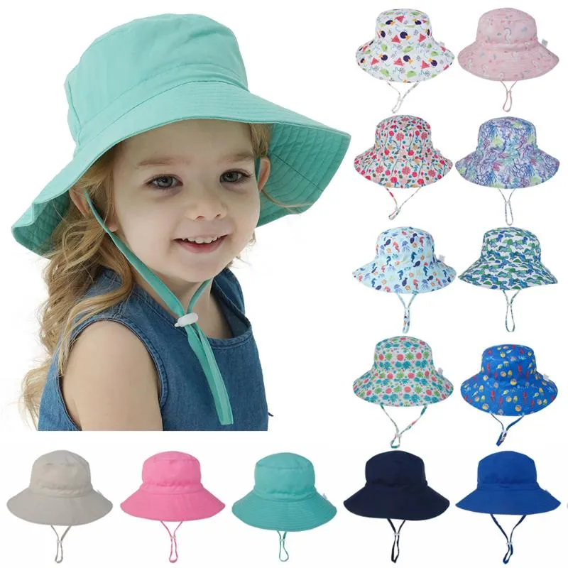 Baby Sun Hat Boys Girls Summer Bucket Hat Kids UV Ochrona szeroką czapkę plażową z regulowanym paskiem podbródka na 0-8 lat177i