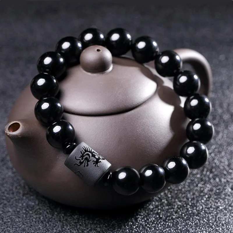 New Crystal Black Obsidian Bead Dragon Phoenix Strand Bracelet For Men Women Couples Lovers Buddha Lucky Amulet Jewelry