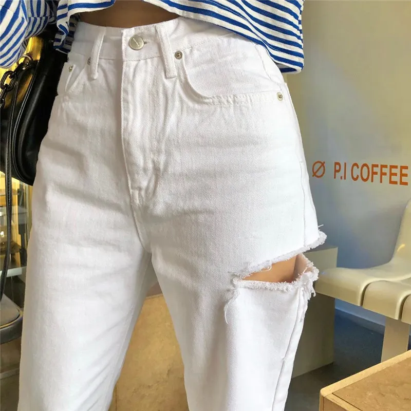 Trendy High Waisted Straight Leg Jeans With Ripped Holes For Women