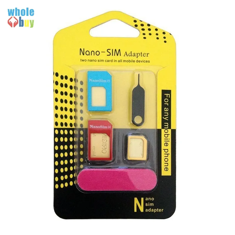 300 pcs/lot carte SIM 5 en 1 métal Nano carte SIM Micro carte Standard sim convertisseur adaptateur adaptateur pour iPhone 4 tous téléphones portables avec broche d'éjection