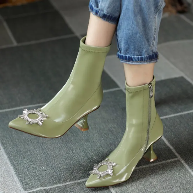 Hot Sale- Special Material Upper Pointed Toe Women Ankle Boots Side Zipper High Kitten Heel Crystal Ornament Ladies Short Booties