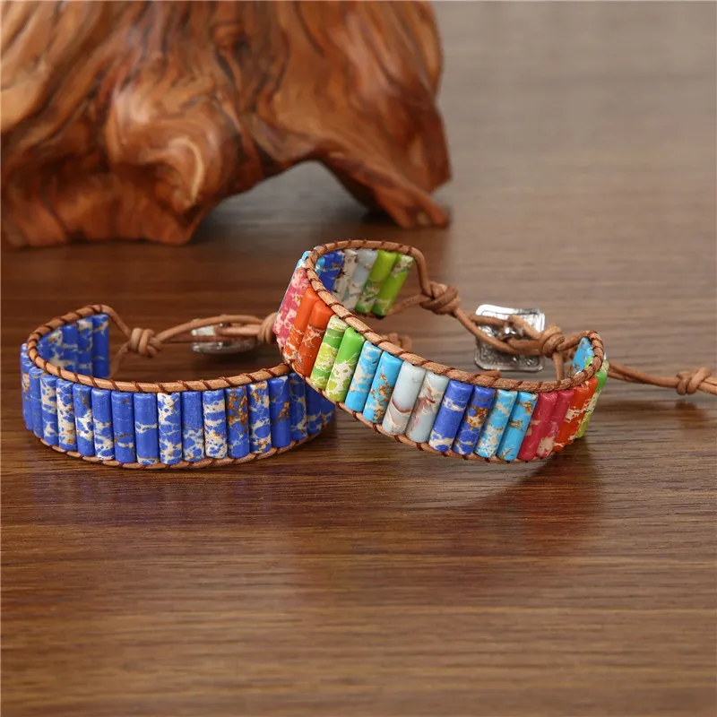 Charm Bracelets Handmade Chakra Bracelet Multicolor Natural Stone Tube  Beads Leather Bangle Charms Wristband Jewelry Gifts280D