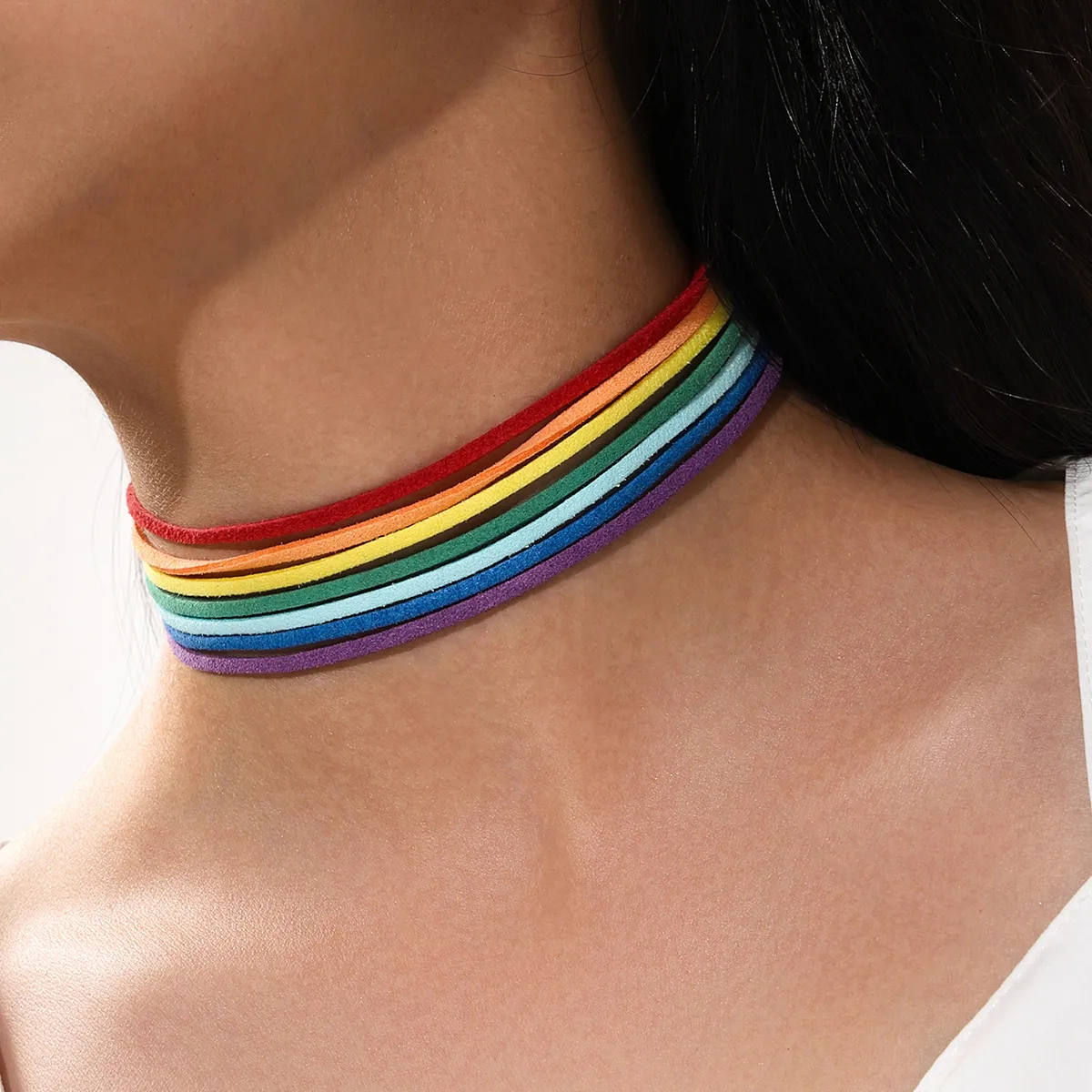 Ins mode womens oude regenboog kleur kettingen chocker ketting zilver metalen kleur dames eenvoudige zeven lagen Koreaanse fluwelen ketting sieraden