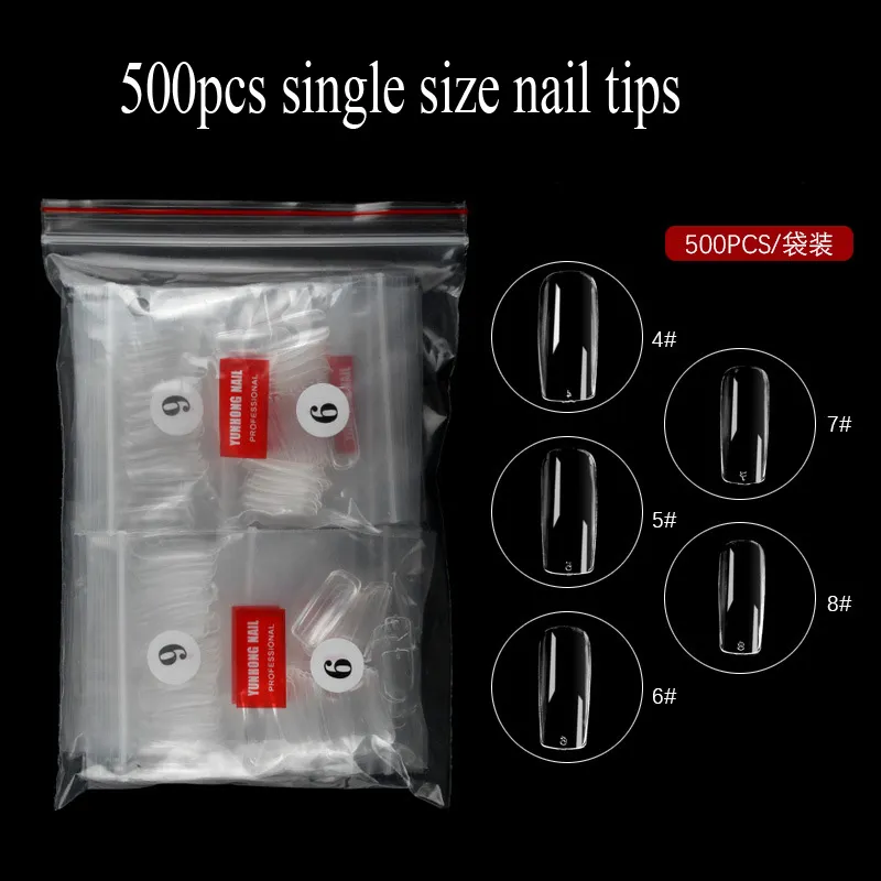 500pcs Box 200pcs Non-Trace Nail Tips Single Number Size Full HLAF COVER Klar Naturlig Nail Tip Runded False Tips Fake Nail Droplet Style