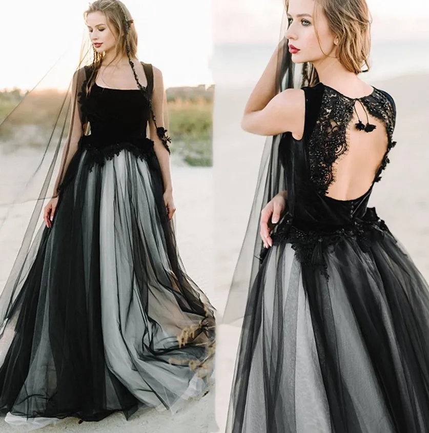 2021 Vintage Gothic Black Wedding Dresses Bridal Gowns A Line Sexy Open Back Appliques Lace Beaded Spring Autumn Winter Black And White Bride Dress Straps Square Neck