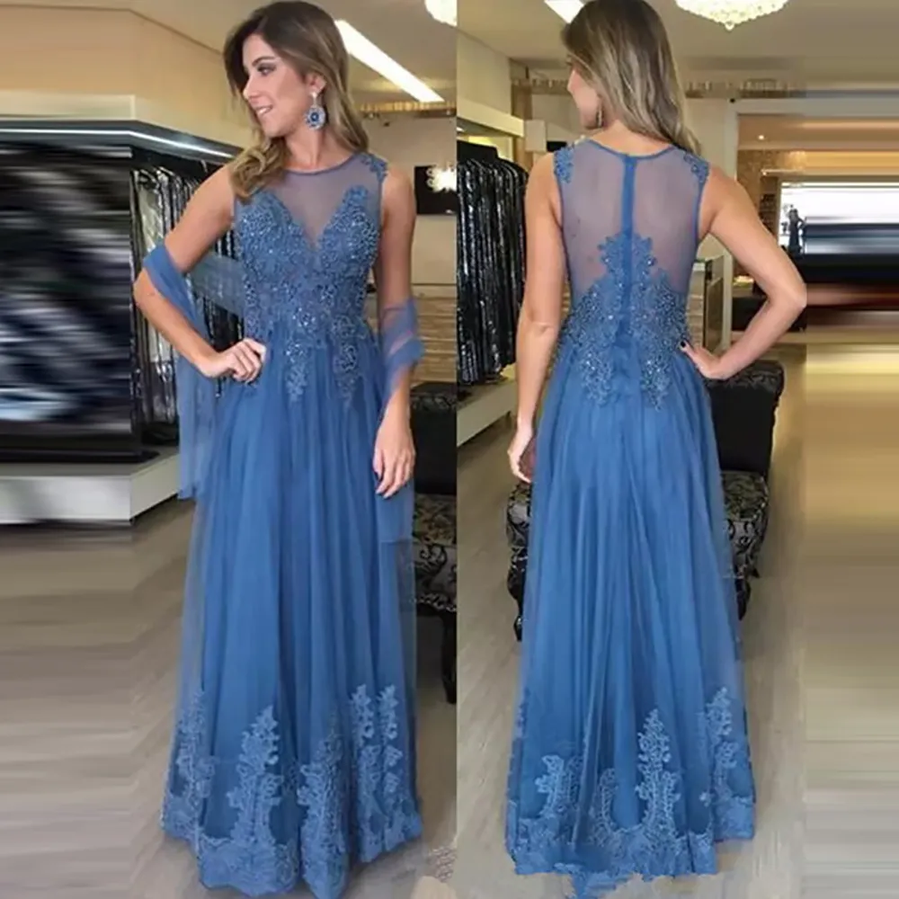 Eleganckie Lekkie Niebieska Suknia Wieczorowa Linia Scoop Neck Aplikacje Kryształ Matka Sukienka Formalna okazja Bez Rękawów Długotrwałych sukni