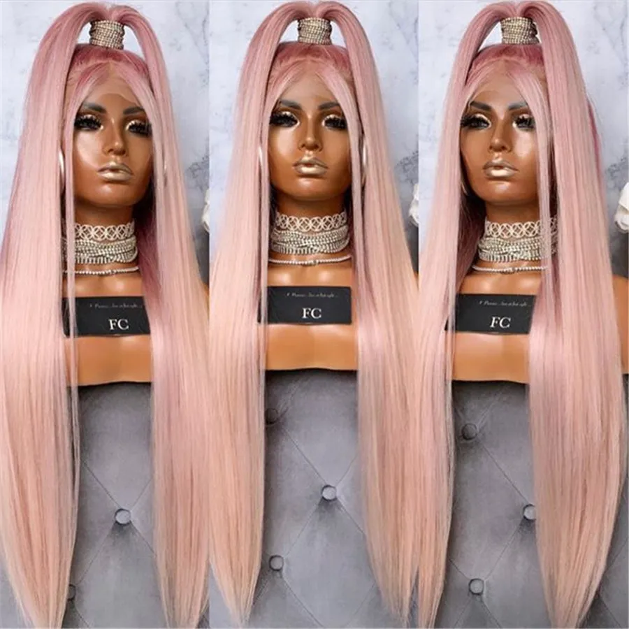 Wholesale Cheap Transparent Lace Wigs Brazilian Straight Full Lace Front Wig Pink Synthetic Lace Wig Heat Resistant for Women