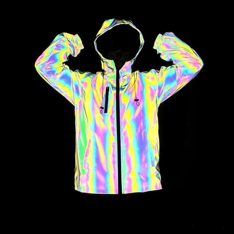 Herrjackor huva färgglada reflekterande jacka män/kvinnor 2021 varumärke mens och rockar natt fluorescen vindbrytare chaquetas hombre xxxl