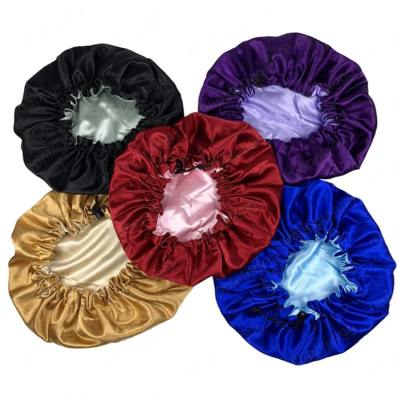 Nouveau solide réglable Extra Large Double couche nuit sommeil casquettes cheveux africains Bonnet Satin doublé casquette chapeau dames Turban bandeau