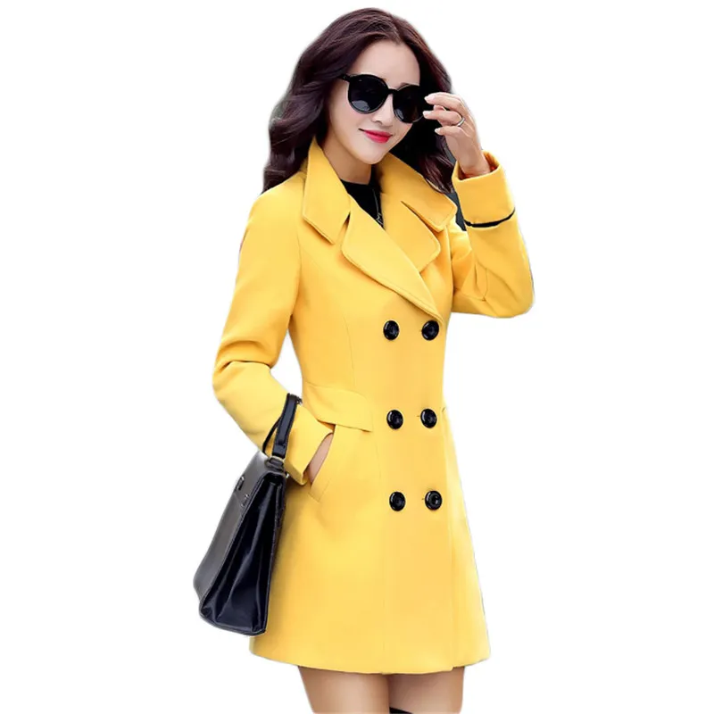 ウールコート女性イエローM-3XLプラスサイズ2020秋冬新韓国のファッションスリムオフィスレディープロの服LD1418
