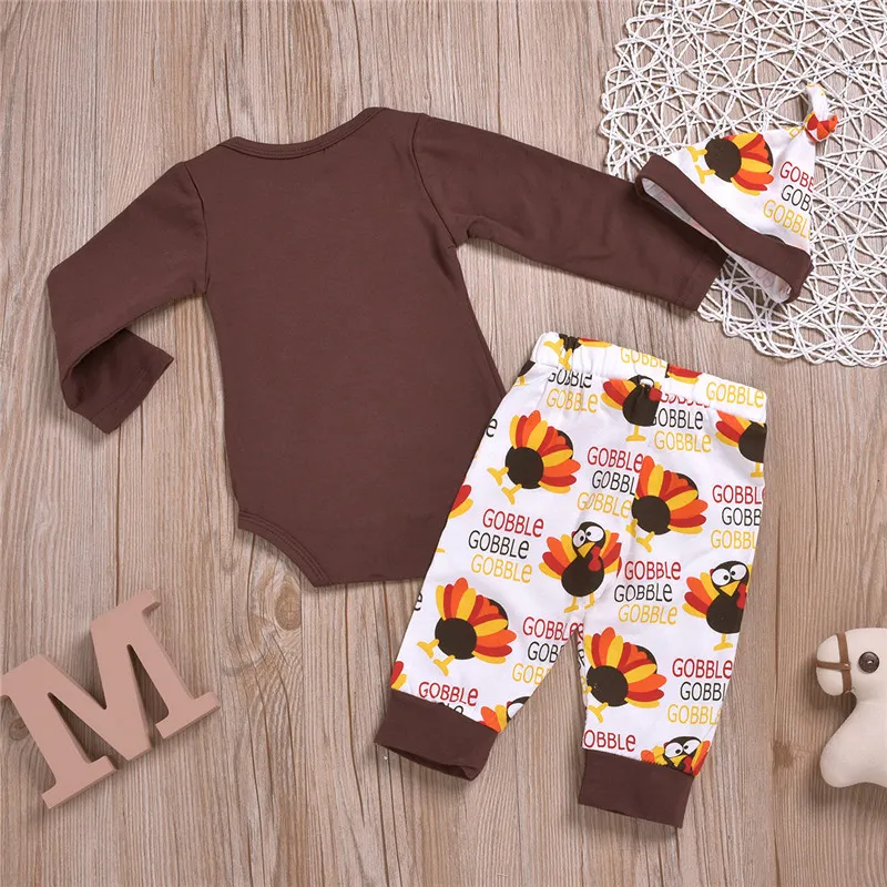 Newborn Girl`s Clothing Suits Baby Infant Children`s Thanksgiving New Turkey Printed Cotton Long Sleeve Romper + Pants + Hat 3-piece Set