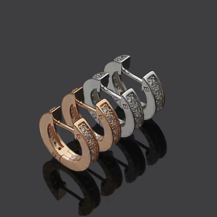 Europe America Style Lady Women Titanium Steel Engraved B Initials Single Row Diamond Spiral Clip Hoop Earrings 2 Color