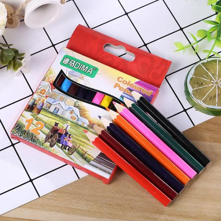 Keskinleştirmek 12pcs Renkli Kalemler Boyama 88mm Mini Kısa Festivali Okul Ödülü Hediyeler Ahşap Ahşap Yağlı Renk Kalem Seti Yağ SN3355 set