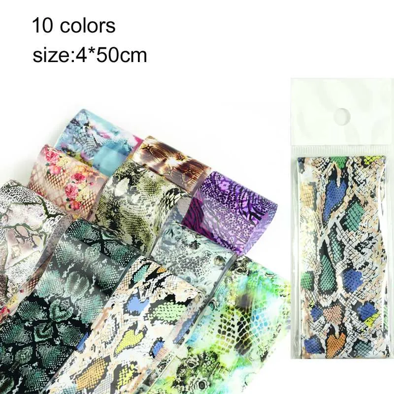 10st Snake Skin Design Nail Foil Leopard Flower Nail Stickers Slider Transfer Folier Dekaler Tillbehör 4 * 50cm