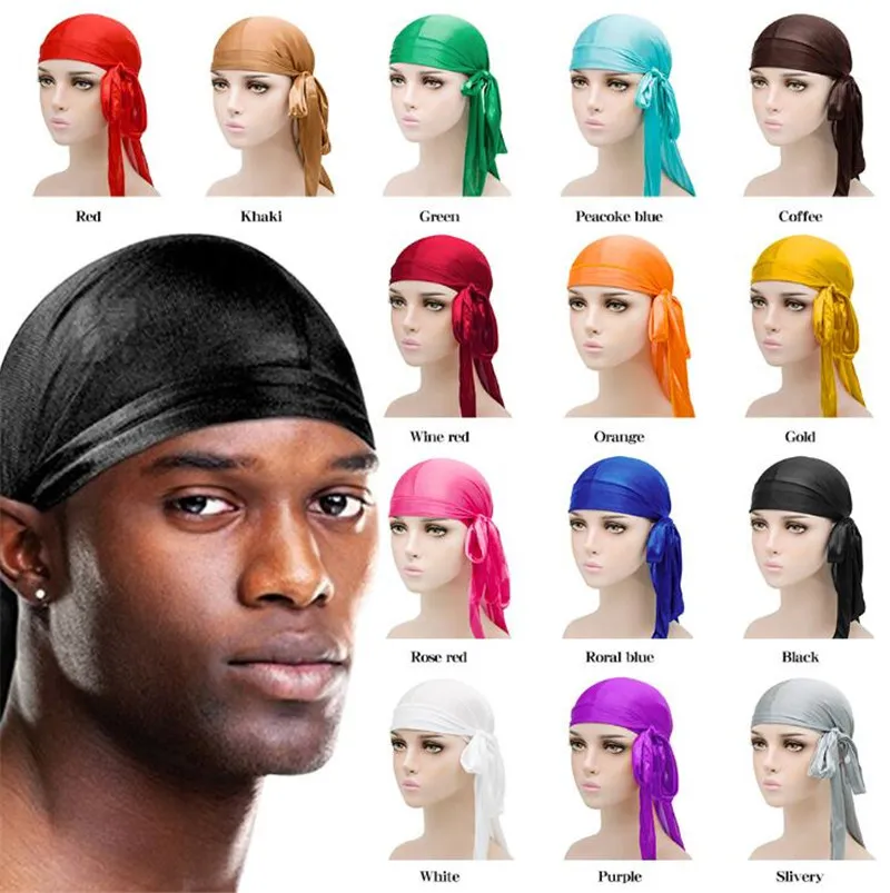 Mode män kvinnor silkespirat hatt satin durag bandana turban peruker solid färg huvudbonader huvudband pigtail hip hop cap beanie