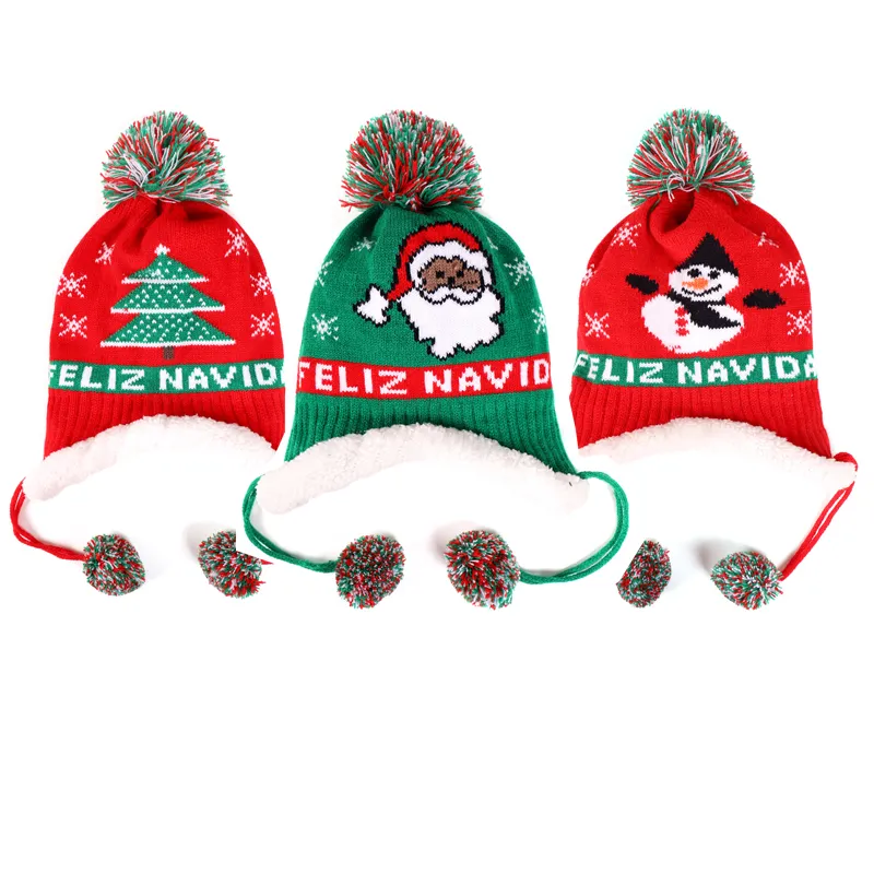 2021 Winter Keep Warm Kids Xmas Earcuff Hat Christmas Style Knitted Hats Santa Claus Snowman Trees Double Side Baby Caps Fur Balls