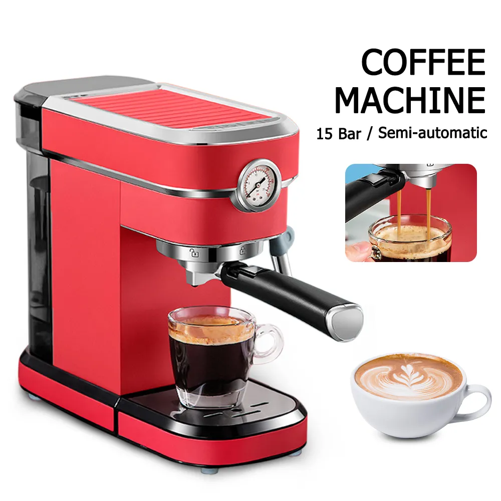 Cafetera semiautomática ITOP de 15bar con manómetro, cafetera doméstica, Espumador de leche incorporado, 220V, rojo y negro