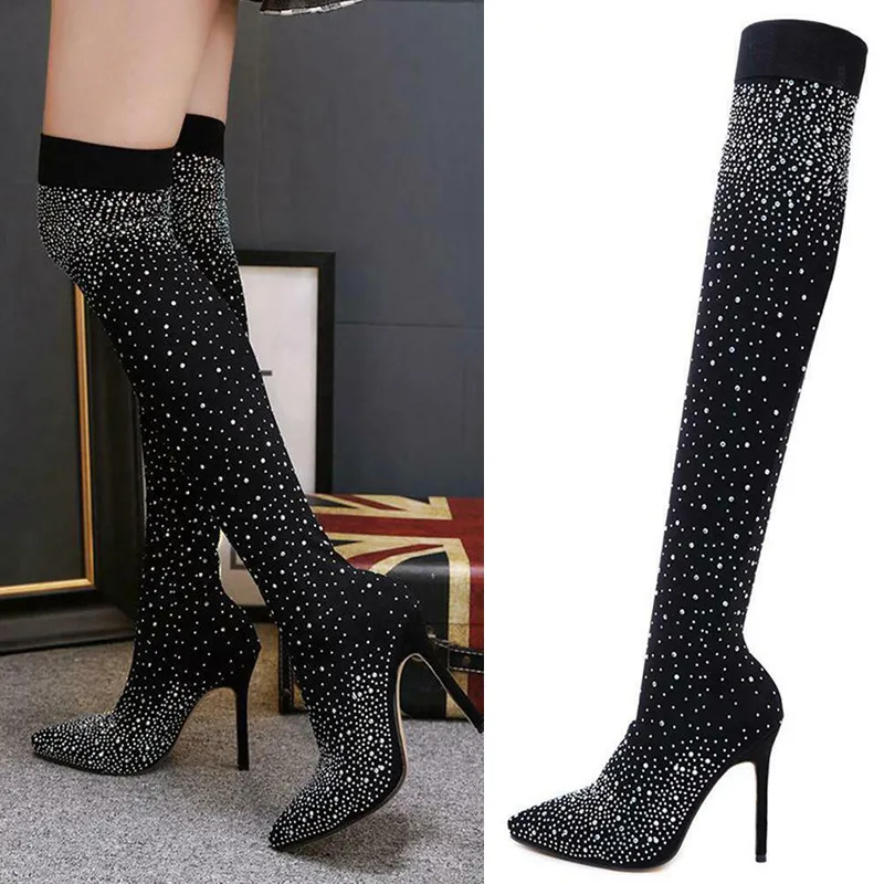 Fashion-Hot Women Crystal Stretch Tkaniny Skarpety Buty Spinty Toe Over The Knane Uda High Heel Heel Long Boties