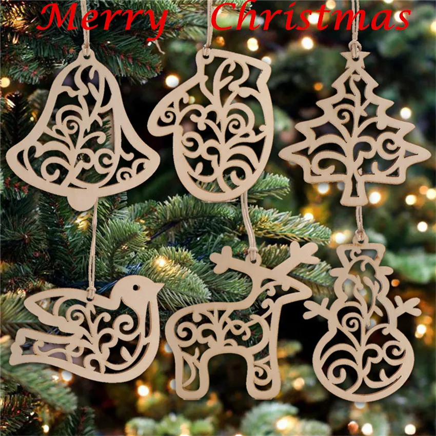 2020 Christmas Ornament Christmas letter Wood Pattern Christmas Tree Decorations Home Festival Ornaments Hanging Gift 6 pc per bag FY7173