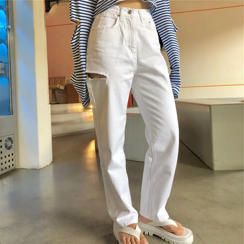 Trendy High Waisted Straight Leg Jeans With Ripped Holes For Women White  Streetwear Denim Denim Trousers For Women For Boys And Girls From  Qualityclothes, $31.56