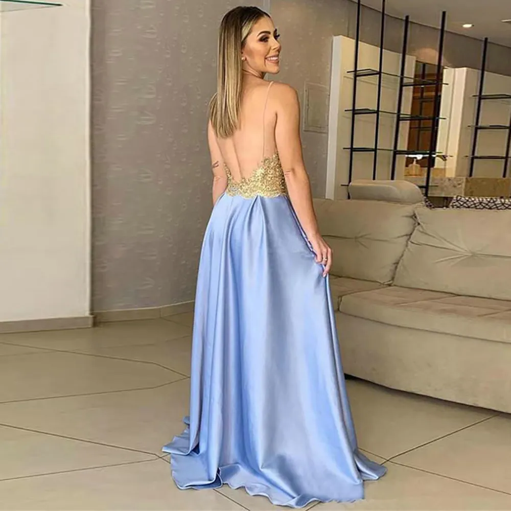 Customize Evening Dress Deep V Neck Applique Sleeveless Satin A-Line  Backless Prom Gown Floor-Length from Dhgate Evening Dresses - price 100.51