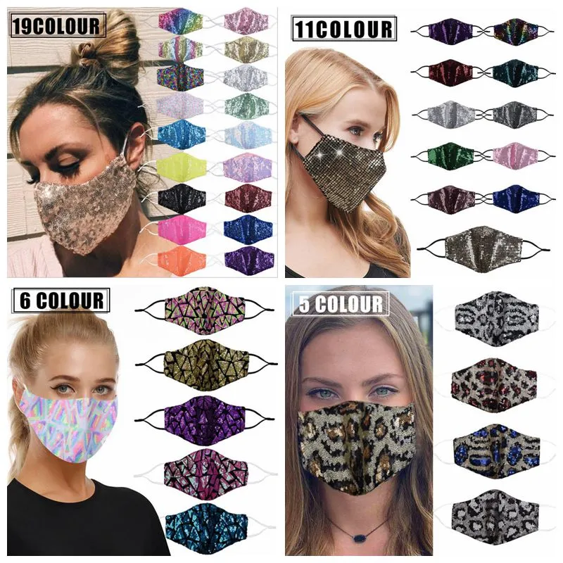 Maschera per adulti con paillettes Glitter Personalità Copri bocca Moda Stampa leopardata Maschera antiappannamento Copri maschera Bling Bling Maschera da ballo Maschere protettive LSK1295