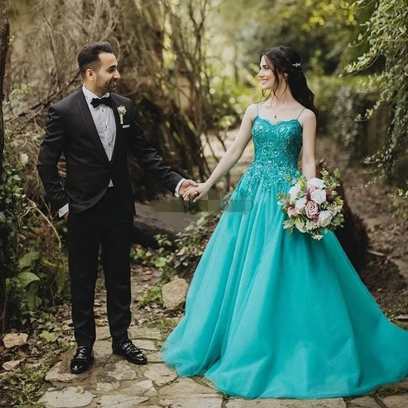 2021 Türkis Brautkleider Tüll A-Linie Spaghettiträger Pailletten Spitze Applikation Sweep Zug Hochzeit Brautkleid Vestidos de Novia