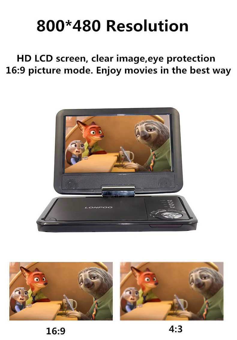 Lecteur de DVD portable 7 pouces support CD/MP3/DVD/VCD/JPEG/USB