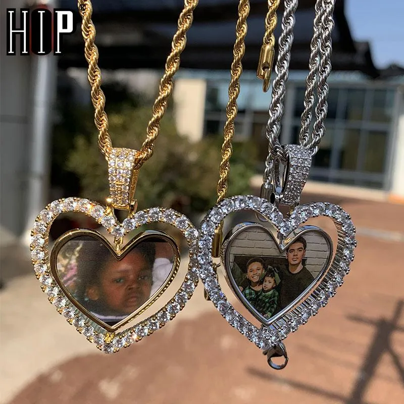 Hip Hop Nach Maß Foto Herz Rotierenden doppelseitigen Iced Out Bling Kubischen Zirkon Halskette Anhänger Für Männer Schmuck Tennis kette