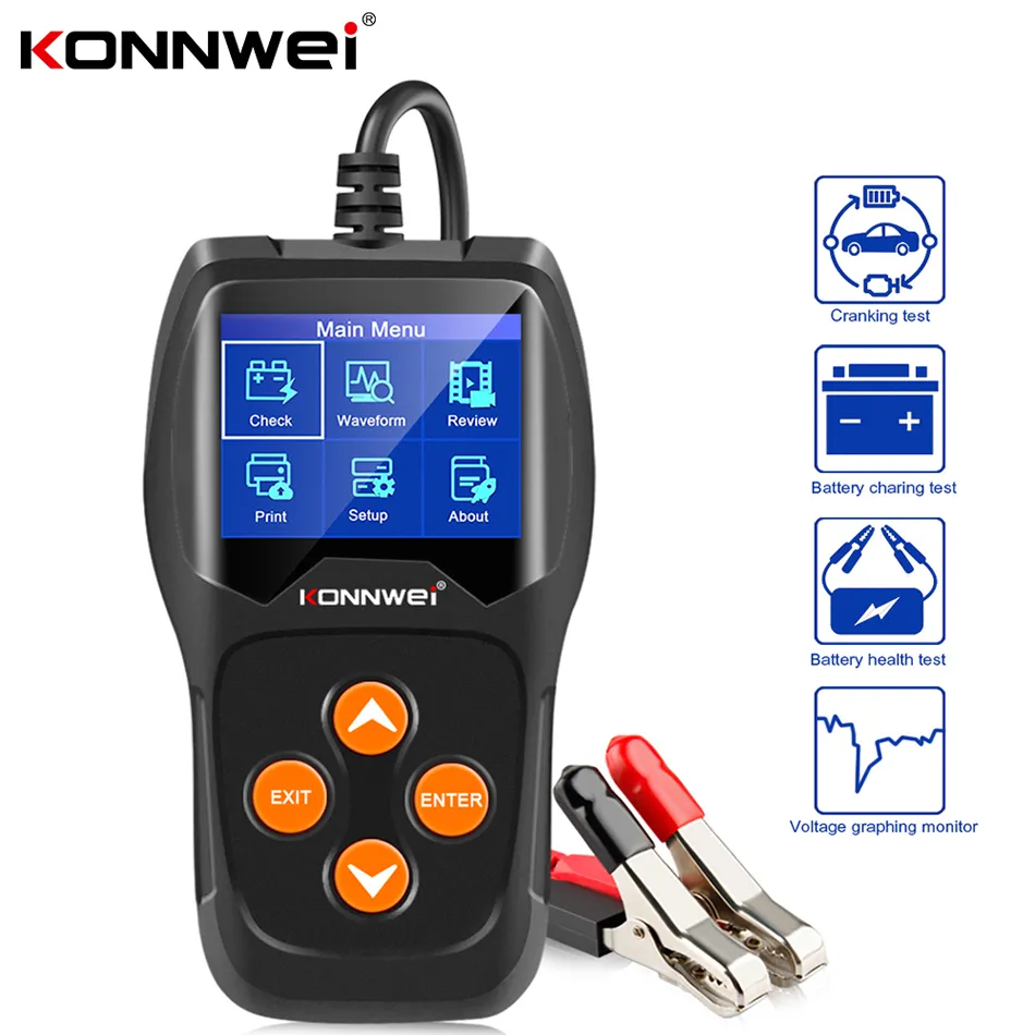 Konnwei KW600 자동차 배터리 테스터 도구 12V 100 ~ 2000CCA 자동차 용 배터리 퀵 크랭킹 충전 진단