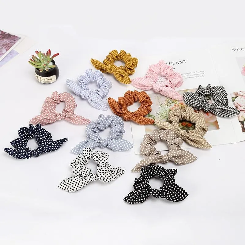 Boutique Bows Elastic Hair band for girl and woman hair Accessories Plaid Bunny Ear Pony Tail Hair Tie Rope