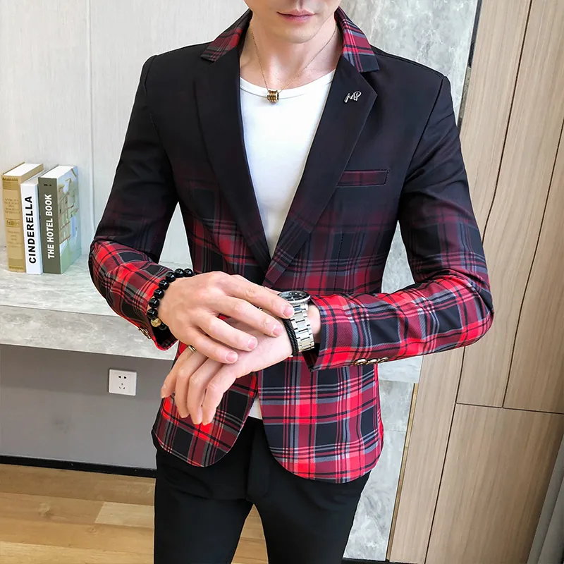 Fancy Plaid Gradient Blazer Men Yellow Red Wedding Dress 2020 Blazer Slim Fit Single Button Fashion Suit Jacket Men2730