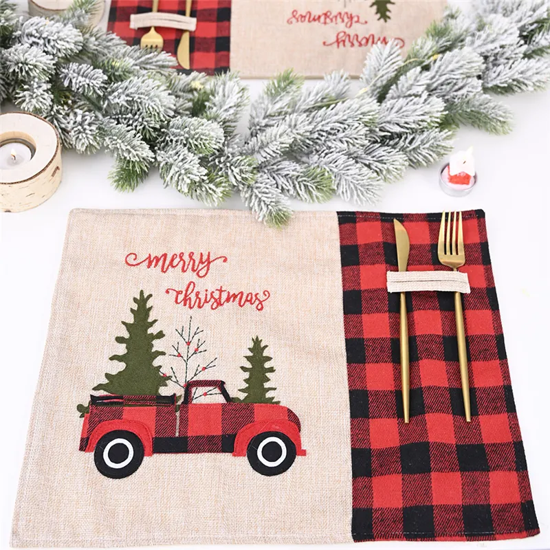 Kerstboom rode vrachtwagen placemats tafel mat winter buffalo plaid placemat dineren huis xmas tafel decoratie jk2009PH