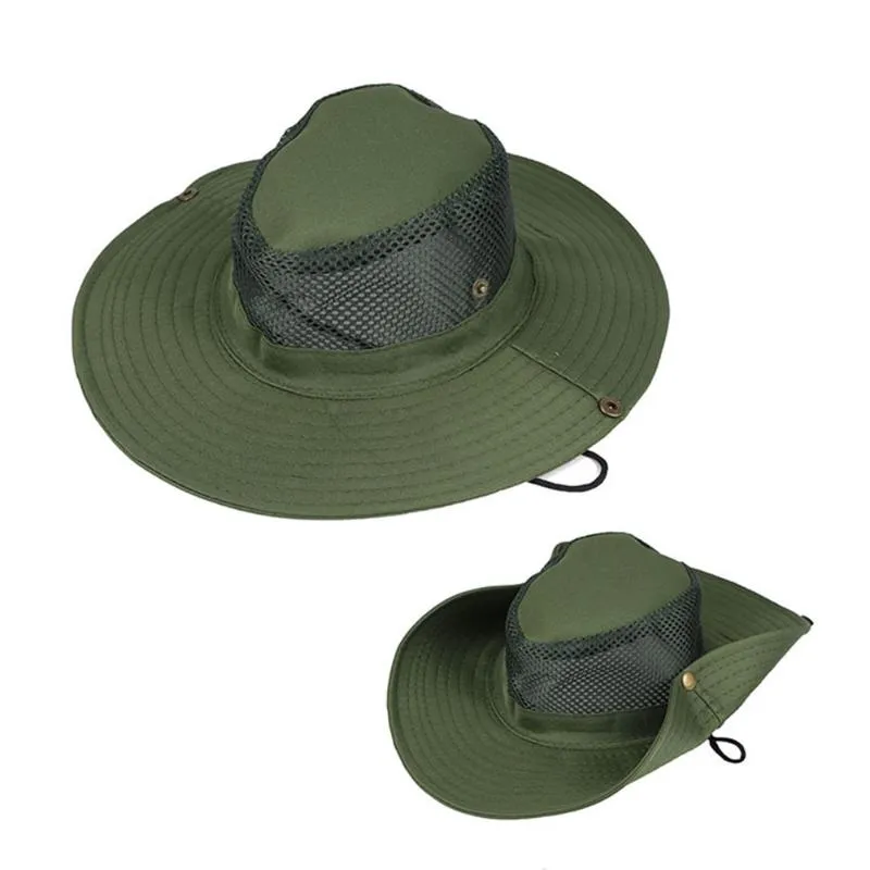 Nouveau chapeau de soleil respirant à large bord, casquette seau en maille pour activités de plein air d'été, Protection UV pour Camping pêche Safari randonnée Hat197s