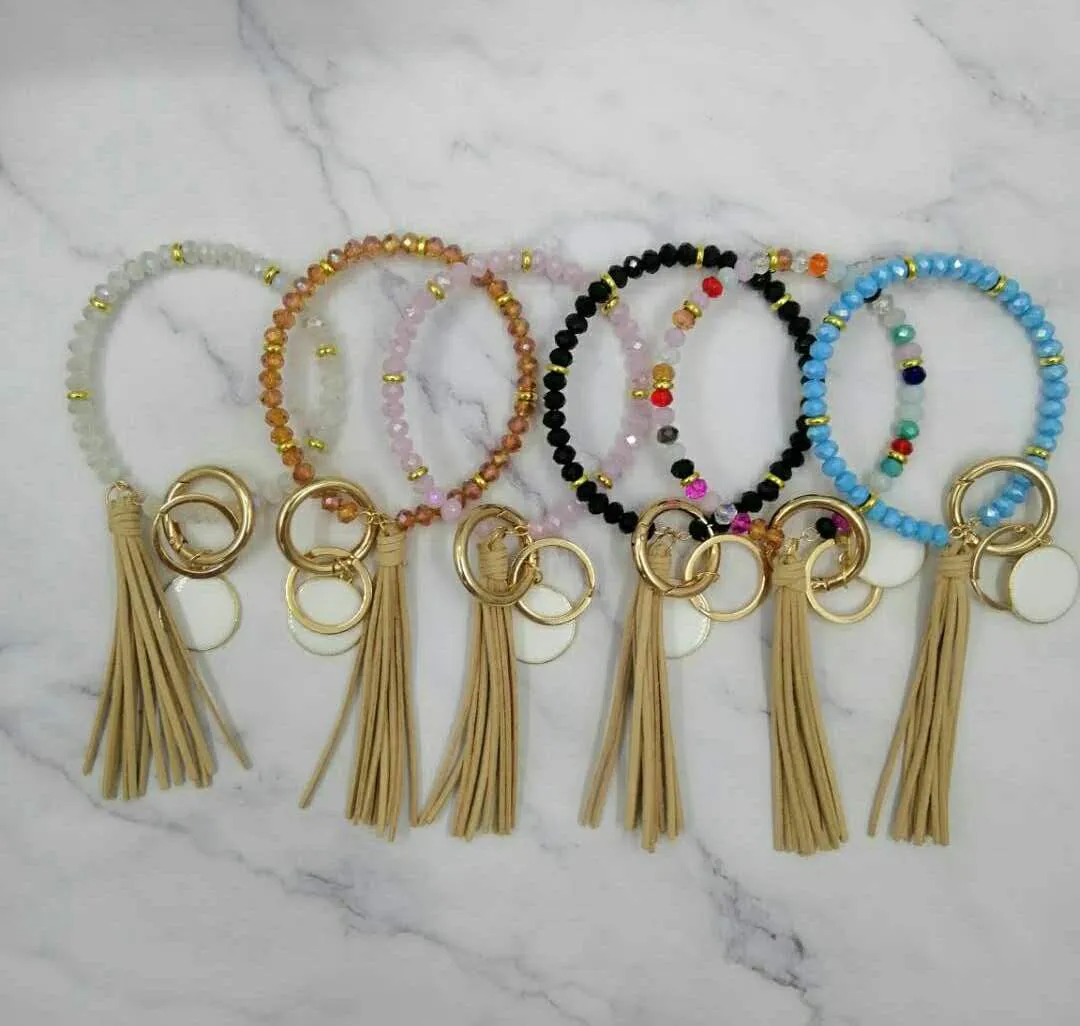 Cross-border fashion crystal beaded bracelet keychain Korean velvet tassel drip oil piece pendant key ring