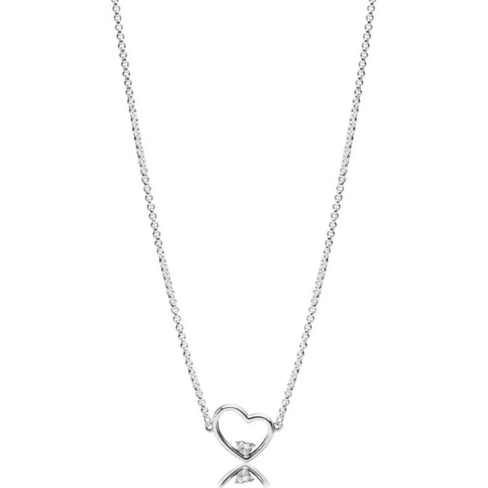 Nieuwe 100% 925 Sterling Zilveren Asymmetrische Hart van Liefde Ketting Clear CZ Valentijnsdag Originele Mode-sieraden 397797CZ