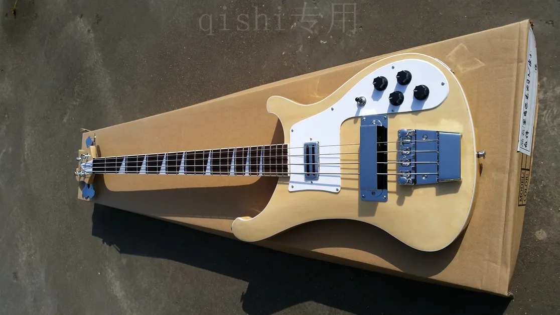Free Shipping Factory Natural Wood Color Electric Bass Guitar with 4 Strings, White Pickguard,High Quality,Can be Customized