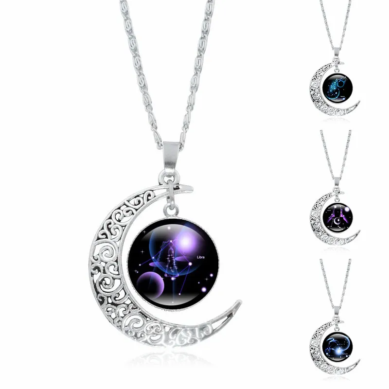 12 Constell Time Edelstein-Anhänger-Halskette, silberne Mond-Glas-Cabochon-Halsketten für Frauen, Kinder, Modeschmuck und sandiges Geschenk