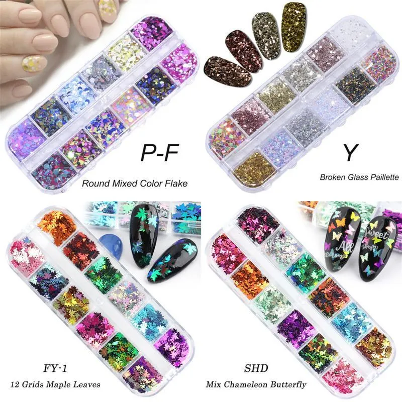 3D Nail Art Sequins Stickers 12 Grid Flakes Glitter Heart Shaped Butterfly Magic Powder Sparkly Nail Art Decorations Accessories Decals Kit