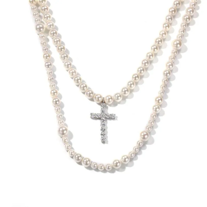 2020 Europe offre spéciale nouveau Hip Hop exagération croix 8-10mm collier de perles pendentif mode élégant hommes et femmes bijoux Necklac