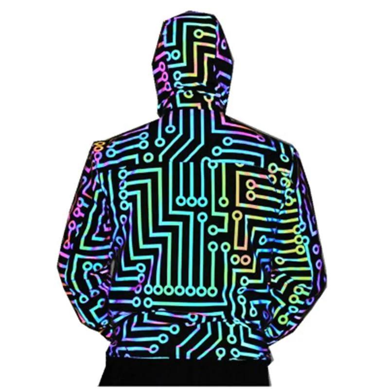 Homem circuito padrão jaquetas moda iridescente reflexão casual casaco casaco masculino macho novo hip-hop colorido reflexivo zíper outerwear