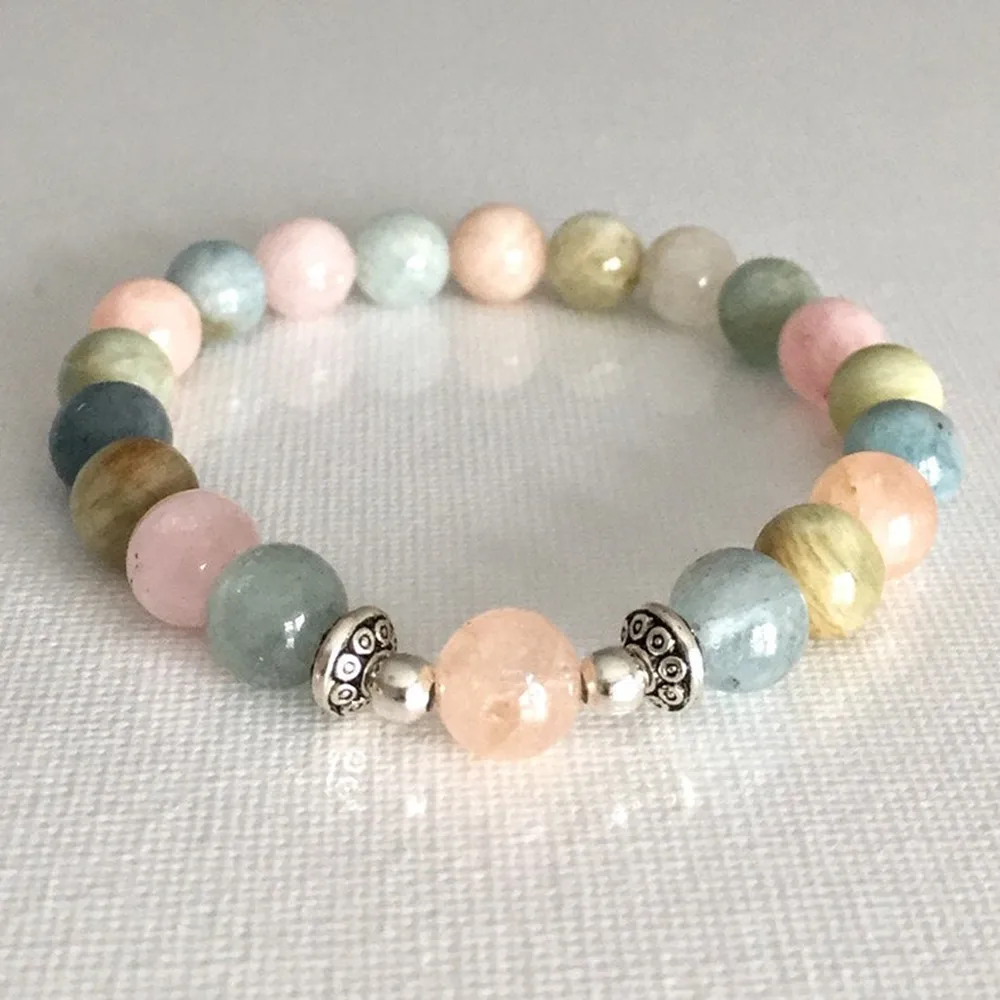 MG0817 8 mm Genuine Morganite Bracciale Heart Chakra Braccialetto fortunato per le donne Healing Gemstome Dainty Yoga Mala Bracelet244O