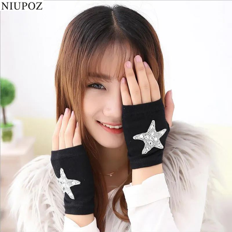 Fingerless Gloves Lovely Cartoon Animals Pattern Skull Winter Rivet Women Warm Knitted Diamonds Sequins Cool Dancing G1011280I2381