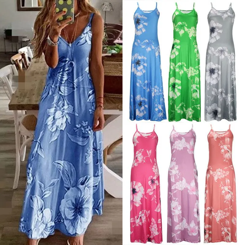 Kvinnor boho spaghetti rem blommig sling klänning vintage blomma tryck ärmlös lång maxi klänningar sommar strand semester sundress