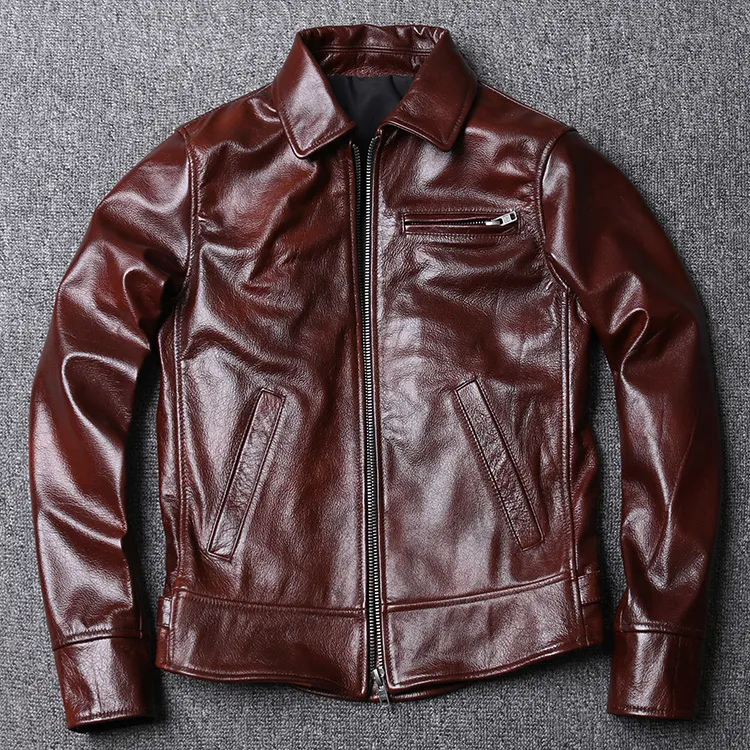 Spring Special Offer Men's Cow Leather Oil Wax Genuine Clothes Short Slim Fit Biker Jacket Wine Red Coat Men