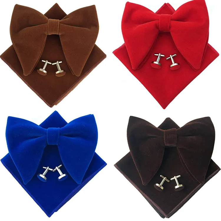 12x10.5CM Grand Bow Tie Set Banquet Velveteen britannique Hommes de couleur unie de poche serviette surdimensionné Boutons de manchette Bowtie Ensembles trois pièces